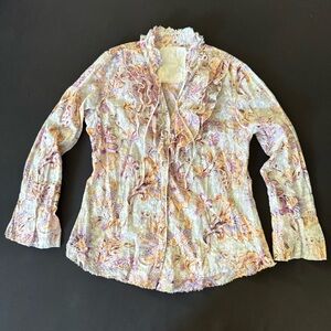 Cino Floral Ruffle boho blouse peach cream purple/S